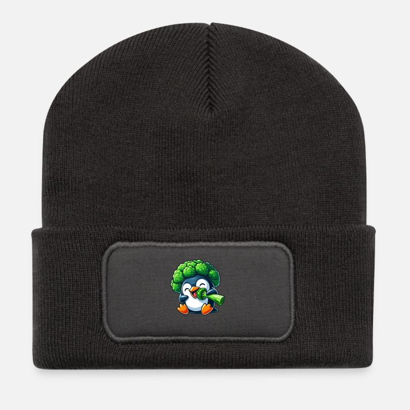 Lustiger Pinguin mit Brokkoli Gemüse Hut Vegan - Recycelte Patch Beanie - Dunkelgrau