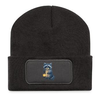 Waschbär mit Laterne – Winter Design - Recycelte Patch Beanie - Dunkelgrau - Vorne