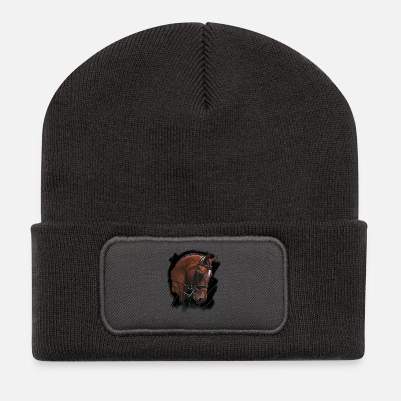 Portrait de cheval avec rênes d’équitation - Beanie recyclé à patch - charbon