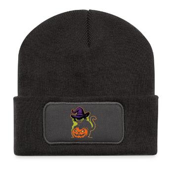 Wizard Cat and Luminous Pumpkin - Recycled Patch Beanie - dark grey - Front
