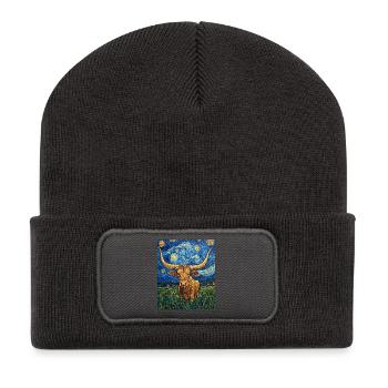 Longhorn Cow Cows Bull Van Gogh Starry Night - Recycled Patch Beanie - dark grey - Front