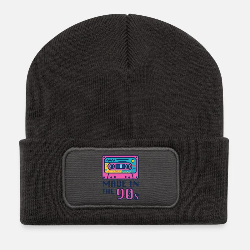 Neon 90s Cassette Design - Recycled Patch Beanie - dark grey