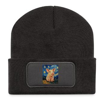 Schwein Ferkel Van Gogh Style Starry Night - Recycelte Patch Beanie - Dunkelgrau - Vorne