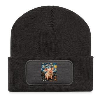 Schwein Ferkel Van Gogh Style Starry Night - Recycelte Patch Beanie - Dunkelgrau - Vorne