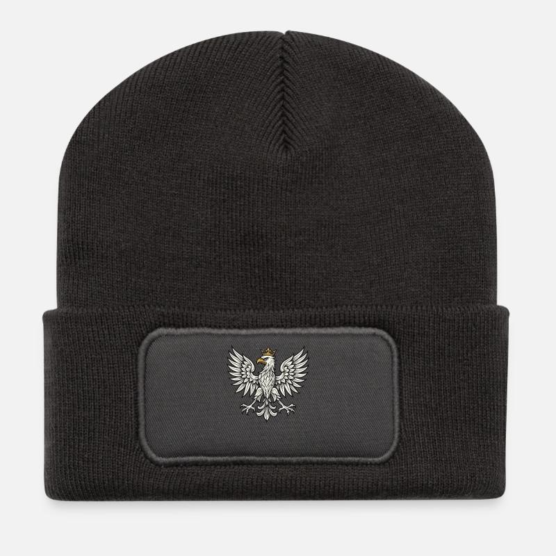 Poland White Eagle Minimal Heraldic Design - Recycled Patch Beanie - dark grey