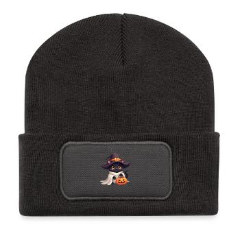 Halloween Cat with Halloween Pumpkin - Recycelte Patch Beanie - Dunkelgrau - Vorne