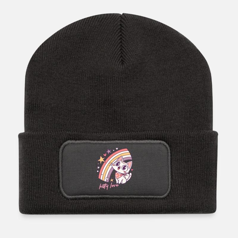 Kitty Love Regenbogenkatze Illustration - Recycelte Patch Beanie - Dunkelgrau