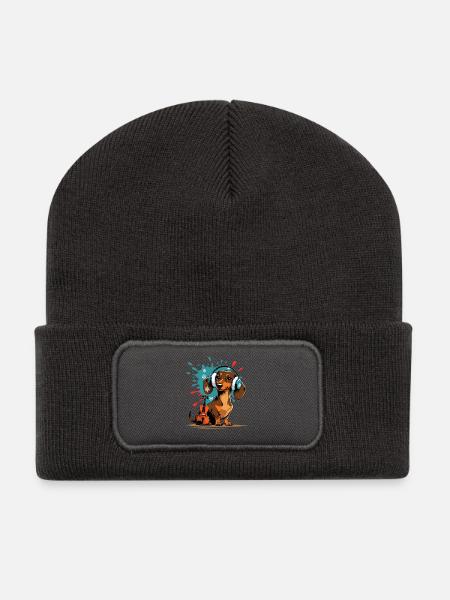 Wintermusik-Dackel mit Kopfhörern - Recycelte Patch Beanie - Dunkelgrau