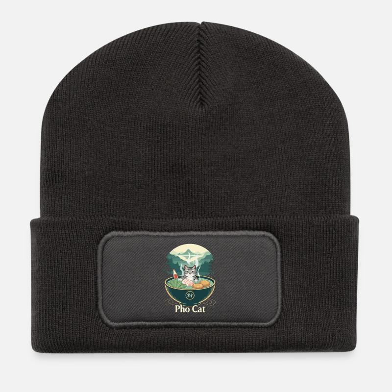 Pho Cat im Ramenbecher - Recycelte Patch Beanie - Dunkelgrau
