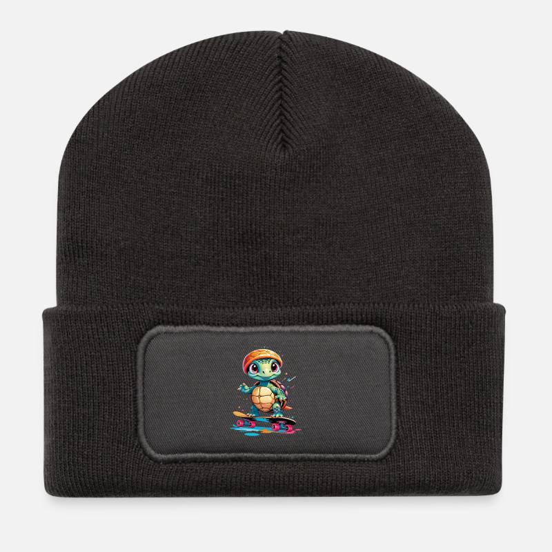 Schildkröte auf Skateboard - Recycelte Patch Beanie - Dunkelgrau