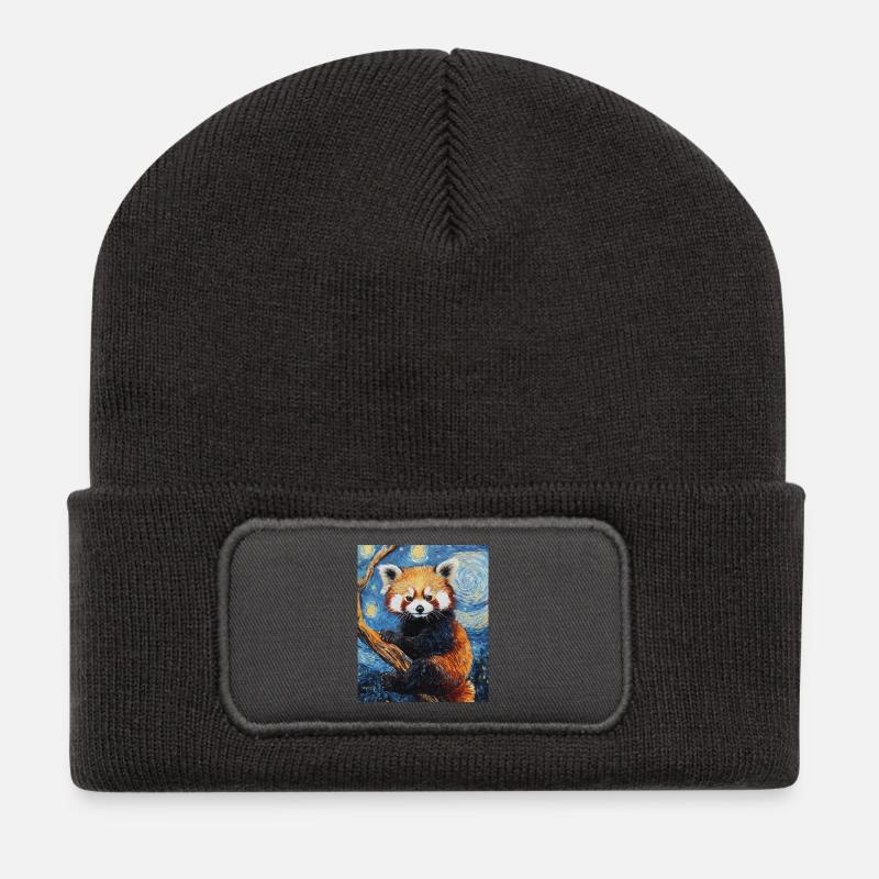 Roter Panda Bär Van Gogh Style Starry Night - Recycelte Patch Beanie - Dunkelgrau