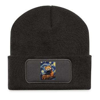 Roter Panda Bär Van Gogh Style Starry Night - Recycelte Patch Beanie - Dunkelgrau - Vorne