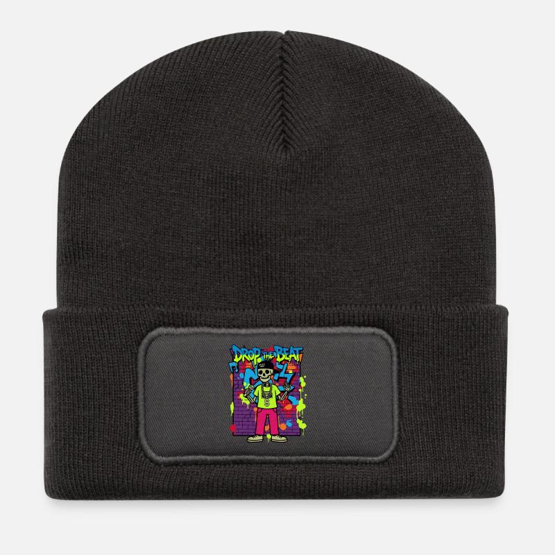 Drop the Beat – Neon Skelett Rapper Graffiti 90er - Recycelte Patch Beanie - Dunkelgrau