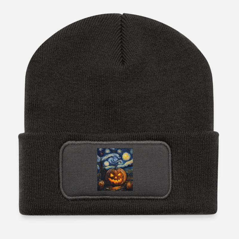 Kürbis Halloween Van Gogh Style Starry Night - Recycelte Patch Beanie - Dunkelgrau