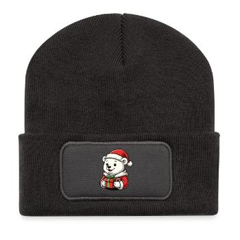 Weihnachts Eisbär mit Geschenk – süßes Xmas Motiv - Recycelte Patch Beanie - Dunkelgrau - Vorne