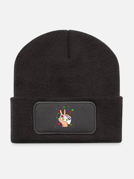 Peace-Zeichen-Controller Pop - Recycelte Patch Beanie - Dunkelgrau