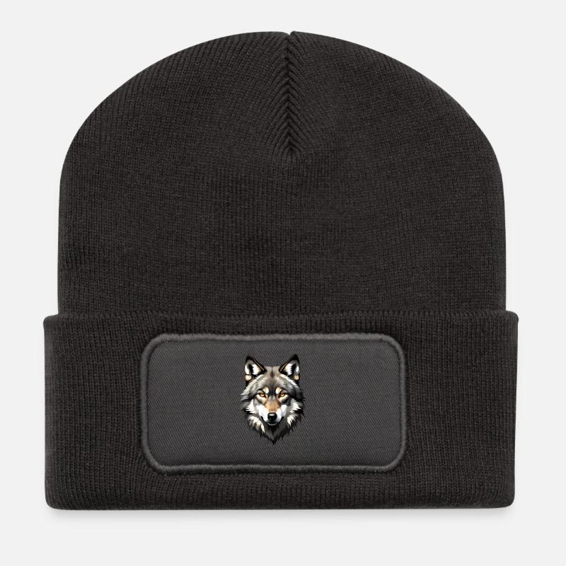 Wolf Head Portrait - Recycled Patch Beanie - dark grey