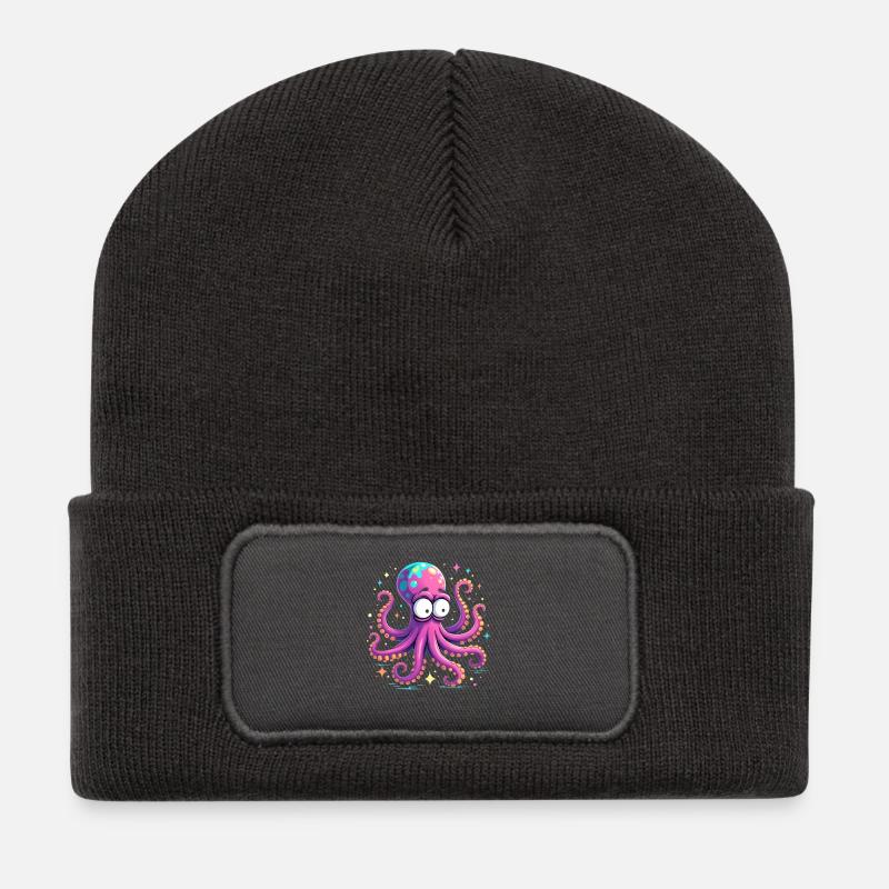 Neon Oktopus Farbexplosion - Recycelte Patch Beanie - Dunkelgrau