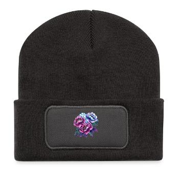 Neon-Pfingstrosen: Blumenstrauß - Recycelte Patch Beanie - Dunkelgrau - Vorne