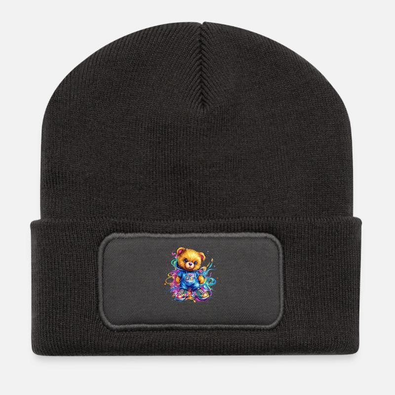 Bunter Teddybär Splash Hoodie - Recycelte Patch Beanie - Dunkelgrau