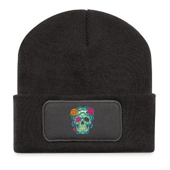 Crâne Floral - skull art - Beanie recyclé à patch - charbon - Devant