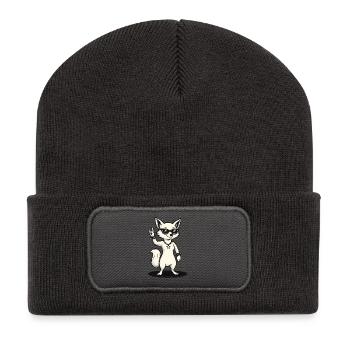 Rockiger Fuchs Mit Sonnenbrille Handzeichen - Recycelte Patch Beanie - Dunkelgrau - Vorne