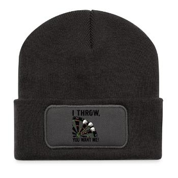 Darts Fun Hoodie, Shirt "I Throw, you want me" - Recycelte Patch Beanie - Dunkelgrau - Vorne