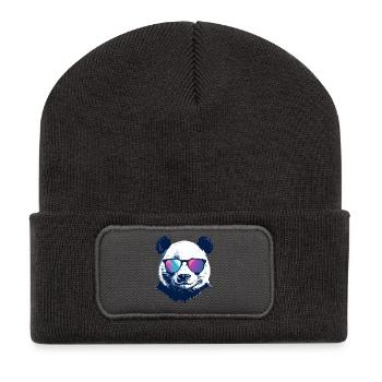cooler Panda mit Neon Sonnenbrille Porträt Motiv - Recycelte Patch Beanie - Dunkelgrau - Vorne
