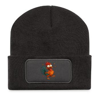 Verrückter Huhn-Cartoon lustiges Tierdesign - Recycelte Patch Beanie - Dunkelgrau - Vorne