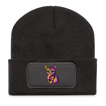 Bunter nachdenklicher Kater Neonfarben - Recycelte Patch Beanie - Dunkelgrau - Vorne