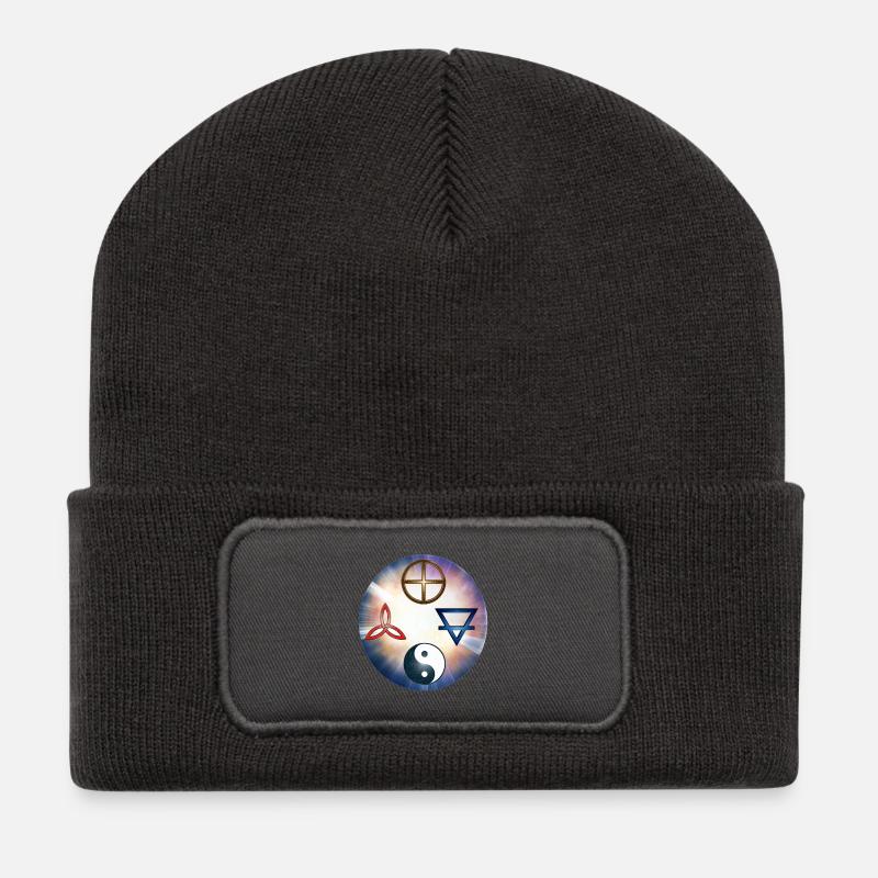 Kosmisches Gleichgewicht Yin Yang und Heilige Siegel - Recycelte Patch Beanie - Dunkelgrau