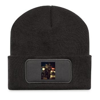 Katze auf Motorrad bei Nacht - Recycelte Patch Beanie - Dunkelgrau - Vorne
