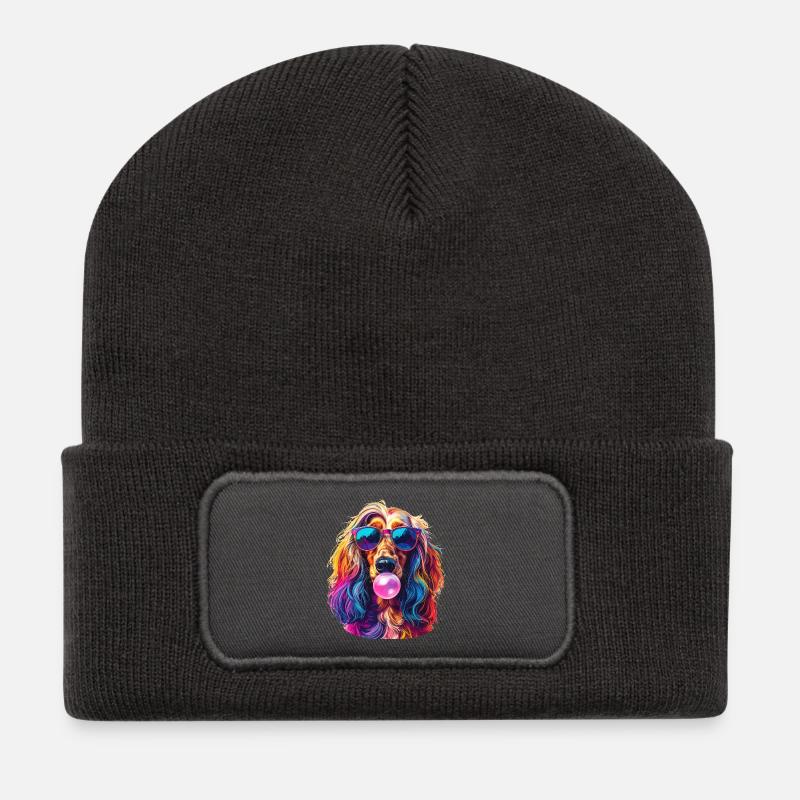Pop-Art Afghanischer Windhund mit Bubblegum - Recycelte Patch Beanie - Dunkelgrau