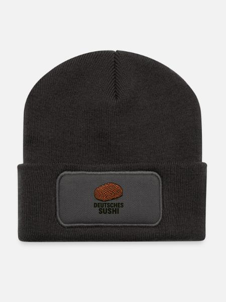 Deutsches Sushi  Hackfleisch Mett  - Recycelte Patch Beanie - Dunkelgrau
