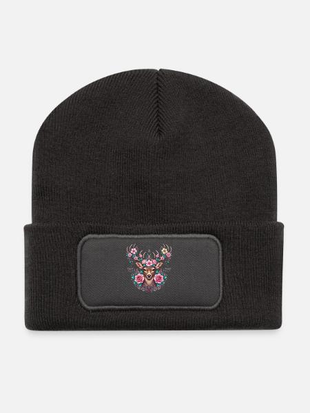 Hirsch T-Shirt Damen Trachtenshirt Trachten Shirt - Recycelte Patch Beanie - Dunkelgrau