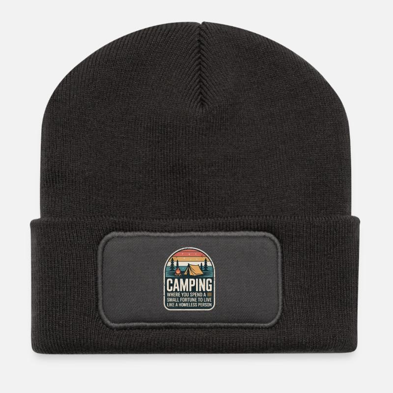 Camping Retro Design - Recycelte Patch Beanie - Dunkelgrau