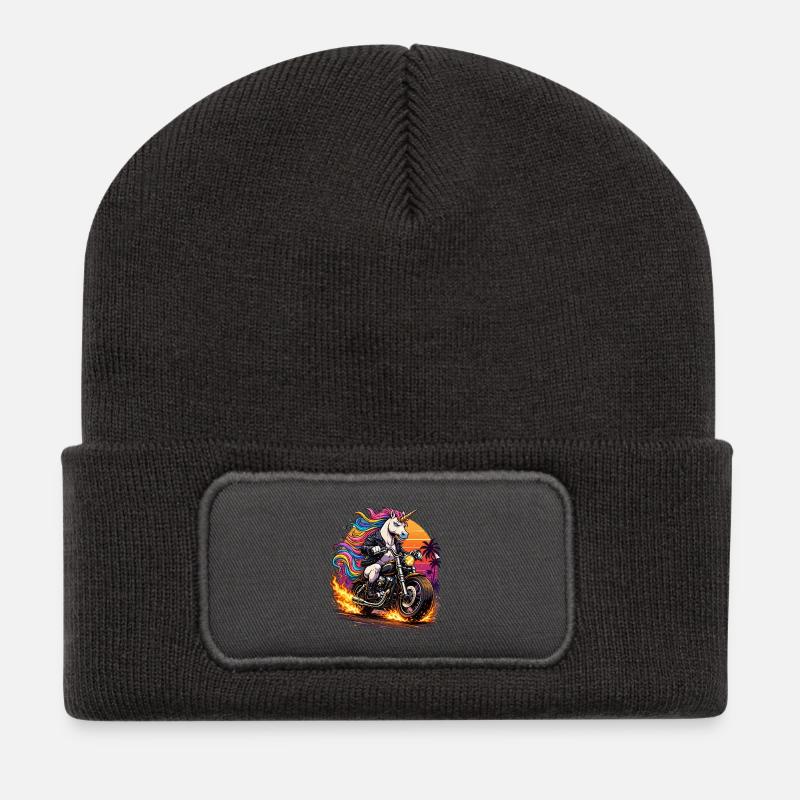 Einhorn-Motorrad im Neon-Sunset - Recycelte Patch Beanie - Dunkelgrau