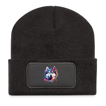 Art coloré éclaboussuré de chien Husky - Beanie recyclé à patch - charbon - Devant