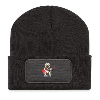 Pug Rock auf der Gitarre Illustration - Recycelte Patch Beanie - Dunkelgrau - Vorne