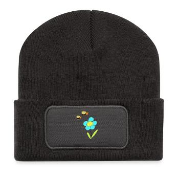 Fleur avec des abeilles – Dessin joyeux - Beanie recyclé à patch - charbon - Devant