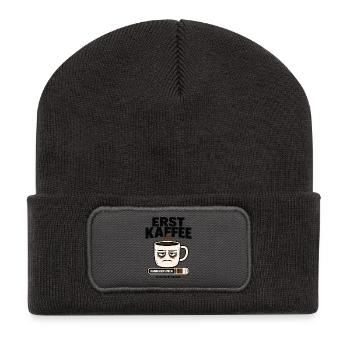 Erst Kaffee dann Menschen Morgenmuffel - Recycelte Patch Beanie - Dunkelgrau - Vorne