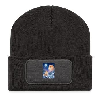 Hurlant vers le Mème de la Lune Chien Poméranienne - Beanie recyclé à patch - charbon - Devant