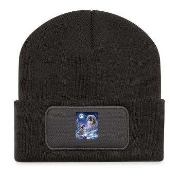 Howling to the Moon Meme Hund Pekingese - Recycelte Patch Beanie - Dunkelgrau - Vorne