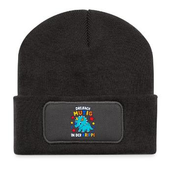 Dreifach mutig in der Krippe – Dino Spruch - Recycelte Patch Beanie - Dunkelgrau - Vorne