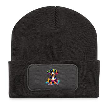 Bunter Welpe Farbexplosion - Recycelte Patch Beanie - Dunkelgrau - Vorne