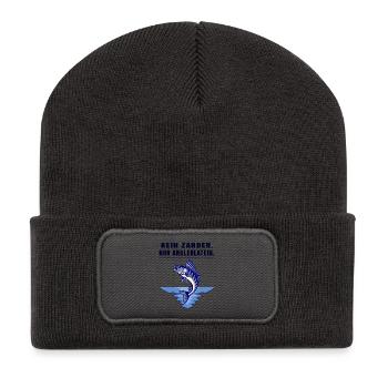 Anglerlatein Spruch – Zander Angler Motiv - Recycelte Patch Beanie - Dunkelgrau - Vorne