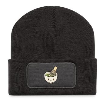 Süße Kawaii-Matcha-Schüssel mit Schneebesen - Recycelte Patch Beanie - Dunkelgrau - Vorne