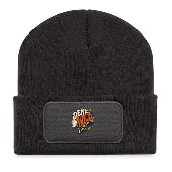 Denk Wild – Retro Silhouette Frau & Hippie - Recycelte Patch Beanie - Dunkelgrau - Vorne