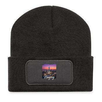 Nanjing Skyline Sonnenuntergang - Recycelte Patch Beanie - Dunkelgrau - Vorne