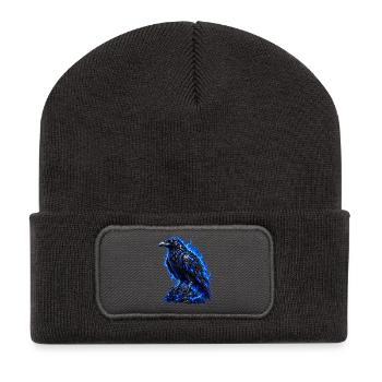 Schwarzer Rabe mit blauer Aura - Recycelte Patch Beanie - Dunkelgrau - Vorne